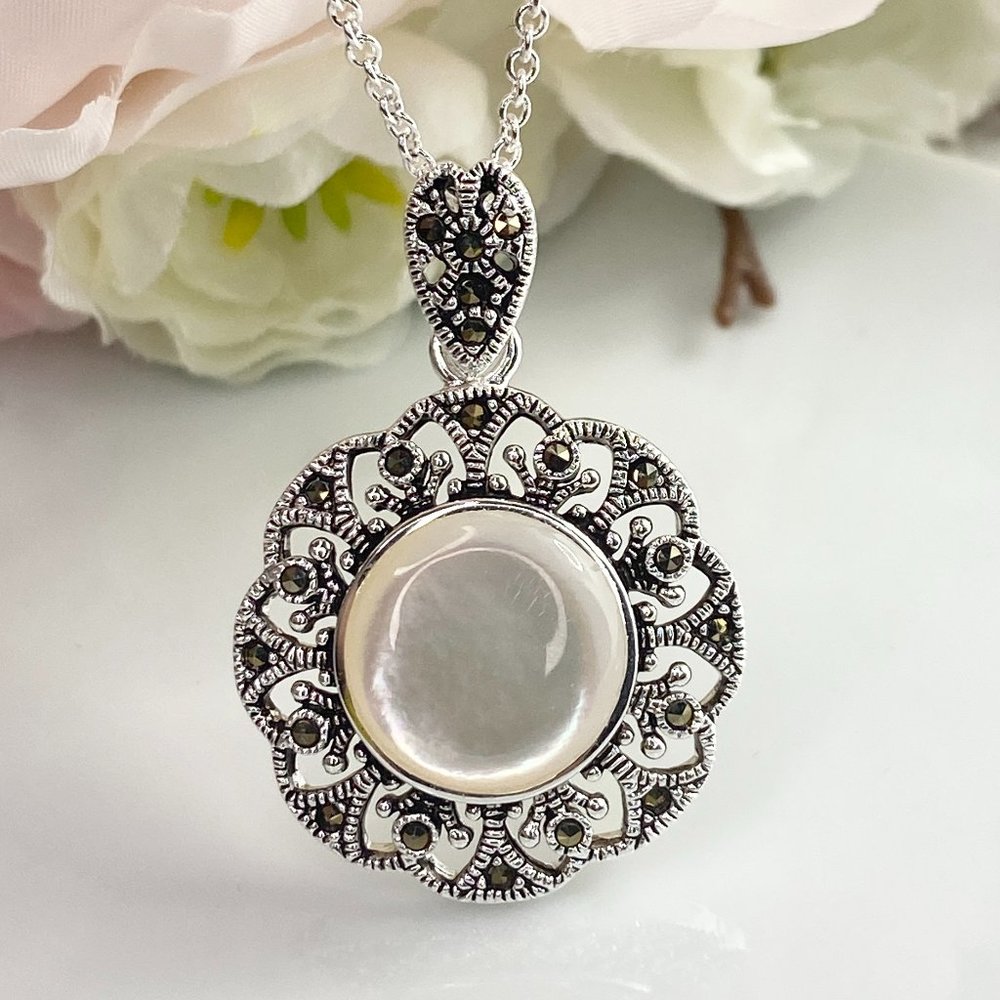 Genuine Marcasite Fine Silver Plated Mother Pearl